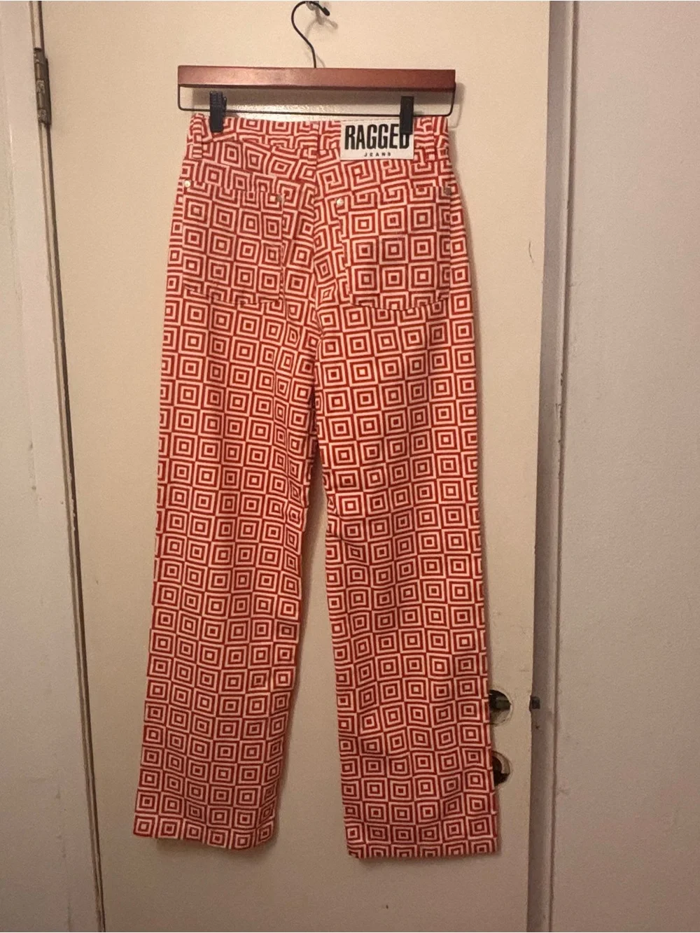 The Ragged Priest Orange and White Geometric Straight Leg Pants